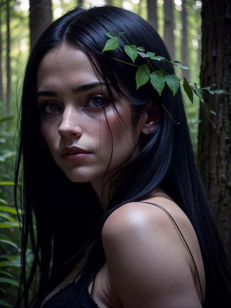 epic realistic, (dark shot:1.4), 80mm, Create a portrait of a woman with long, dark hair. She has a mysterious expression, gazing at the viewer with a slight tilt of her head. She is simply dressed, with an arm wrapped around a tree branch that also resembles a brain cell. The background features a forest of blue, impressionistic leaves, with an eerie white light shining through and a gradient shadow on the top part of the woman's face. Use a backlighting effect to add depth to the image. impressionistic painting style, john singer sarget, anders zorn, blue pallette, wider show with more background and forest, (natural skin texture, hyperrealism, soft light, sharp:1.2), soft light, sharp, exposure blend, medium shot, bokeh, (hdr:1.4), high contrast, (cinematic, teal and orange:0.85), (muted colors, dim colors, soothing tones:1.3), low saturation, (hyperdetailed:1.2), (noir:0.4), (intricate details:1.12), hdr, (intricate details, hyperdetailed:1.15), faded, (neutral colors:1.2), art, (hdr:1.5), (muted colors:1.1), (pastel:0.2), hyperdetailed, (artstation:1.4), warm lights, dramatic light, (intricate details:1.2), vignette, complex background, rutkowski