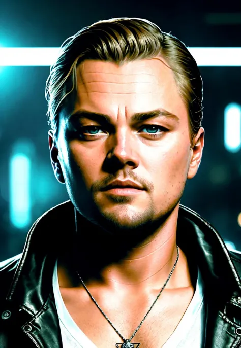 uma pintura de Leonardo DiCaprio, fundo, Estilo Cyberpunk 2077, corpo inteiro, fechar-se