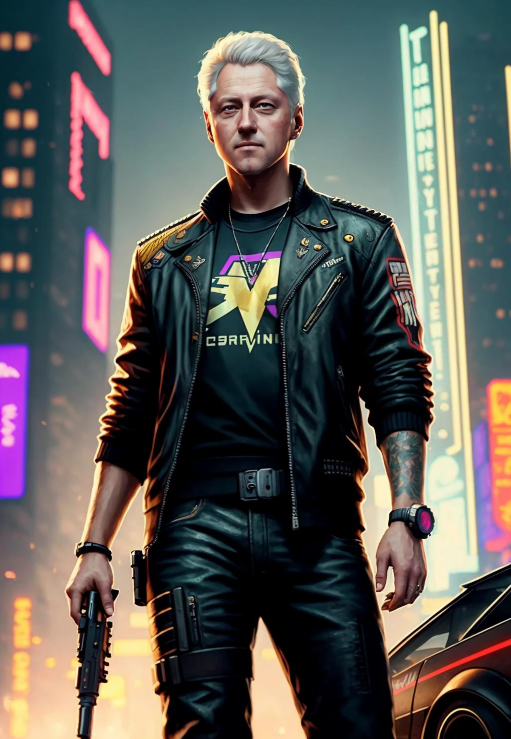 ein Gemälde von Bill Clinton, Hintergrund, style of cyberpunk 2077, ein goldenes Band um seine Brüste