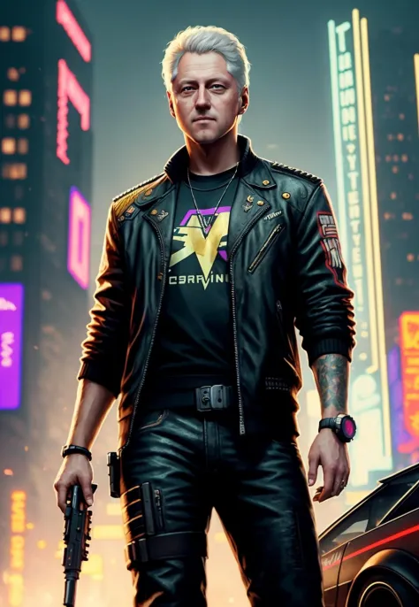 a painting of a  bill clinton, background, style of cyberpunk 2077, band of gold round his breasts