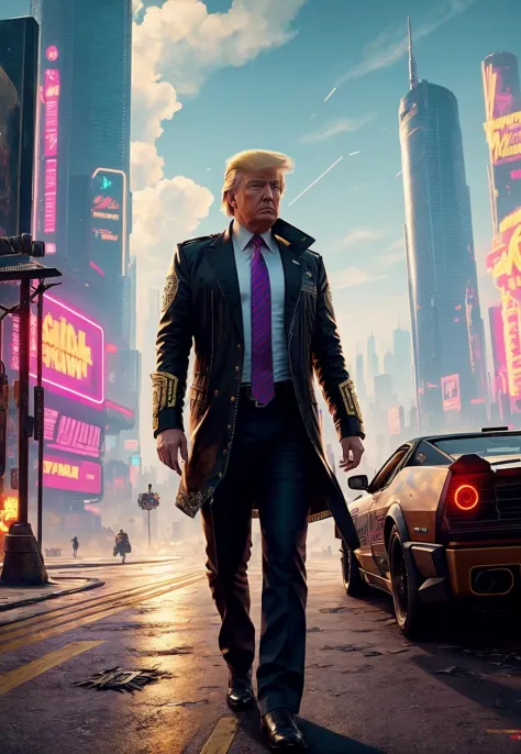 a painting of a Donald Trump, background, style of cyberpunk 2077, band of gold round his breasts