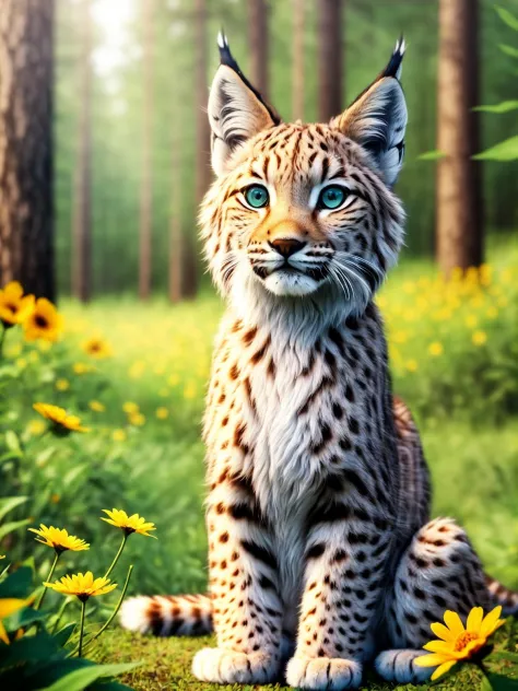 fotografía realista épica, un dibujo de un lindo bebe (lince) rodeado de hermosas flores y árboles en un claro del bosque