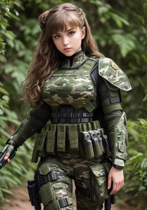 ((Best quality)),((masterpiece)),(highly detailed:1.3),special forces,robort,female with thick voluminous hair (wearing camoufla...