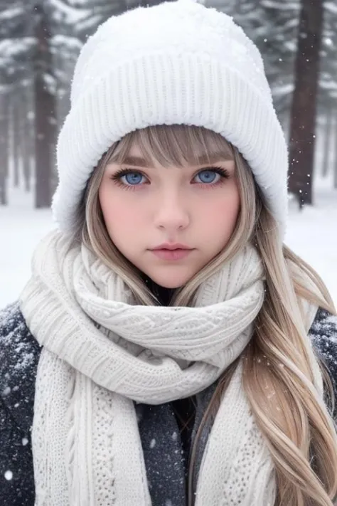 solo, snow, snowing, blonde hair, long hair, french braid, sidelocks, parted bangs, blue eyes, detailed face, winter clothes, mittens, white scarf, full body, snow covered forest, enchanting realm, (nose blush, heavy breathing:1.1), (gloomy:1.4)