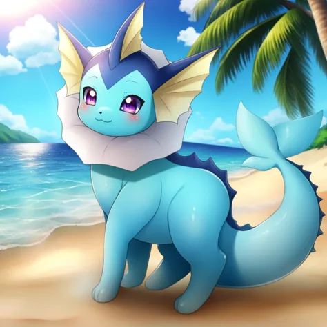 masterpiece, vaporeon, pokemon_(creature), solo, feral, sfw, no_human, smile, at the sea, sunlight, beach, detailed background, ...