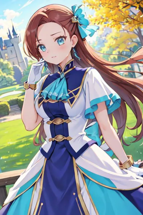 masterpiece, (Best quality:1.2), highres, (scenary:1.2), light, 1girl, solo, KatarinaClaes, asymmetrical bangs, earrings, hair bow, blue dress, long dress, high collar, ascot, brooch, white gloves, bracelet, scenary /( Royalty castle/), ruffles,