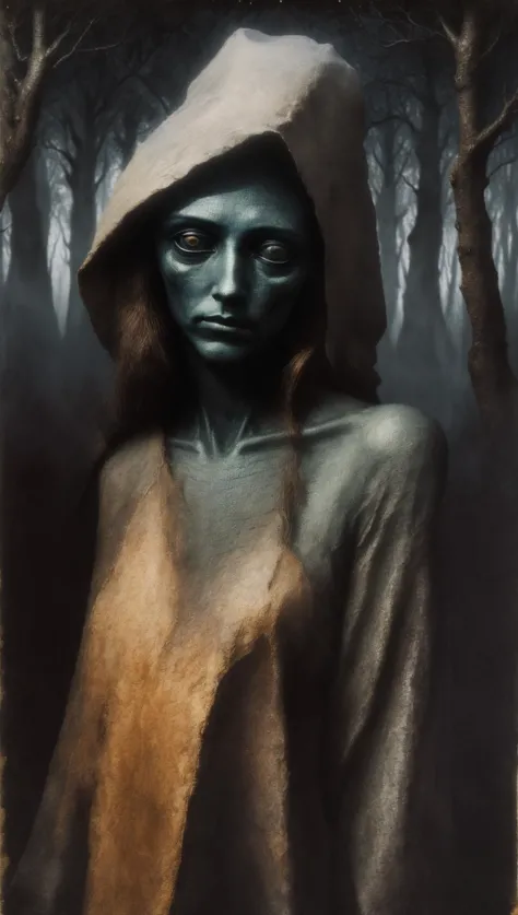 a painting of a woman with a hood on in a forest