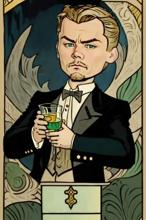 a cartoon of a man in a tuxedo holding a drink