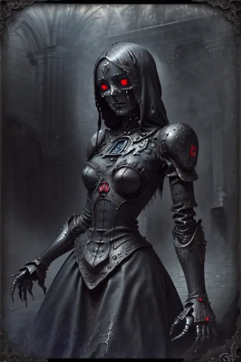 a woman in a black dress with red eyes and a hood