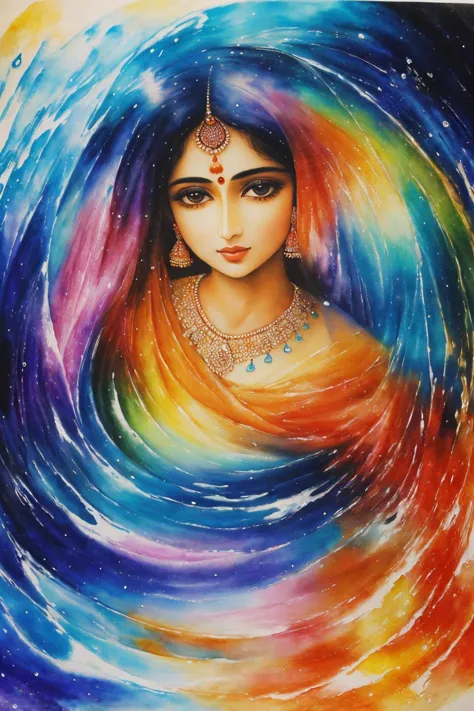 ((detailed)), ((masterpiece)), ((best quality)), (Unforgettable), Vibrant, (Unparalleled), Woman, Indian, Hindustani, Bharatiya, Aquarelle painting, Transparent painting, Water caustics, Light reflections, Light patterns, Versatile for different scenes, Moderate aperture