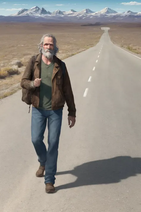 arafed man walking down a road with a backpack on his shoulder