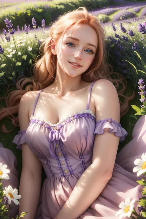 (best quality, masterpiece, beautiful and aesthetic, colorful, dynamic angle) a field of lavender, early summer, a young woman with strawberry blonde hair, pale blue sundress, on her back on the ground surrounded by lavender, flirting, smiling softly, glancing at viewer, (hyper realism, soft light, dramatic light, sharp, HDR, official art, extreme detail, highest detail) Embedding: fcHeatPortrait