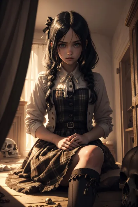 (best quality, 8k digital cartoon, masterpiece, perfect face), A pre-adolescent gothic girl living in a spooky house waits for you to tell you tales of mystery and horror. She lives in the spooky house with her pet raven and together they go on adventures. The girl wears a plaid skirt, white knee high socks, a red vest and a white shirt, her black hair is in a pony tail held in a ribbon with a skull-shaped bead, macabre atmosphere, palette [voilet|red|black|grey|white] (soft light, dramatic light, sharp, HDR) 