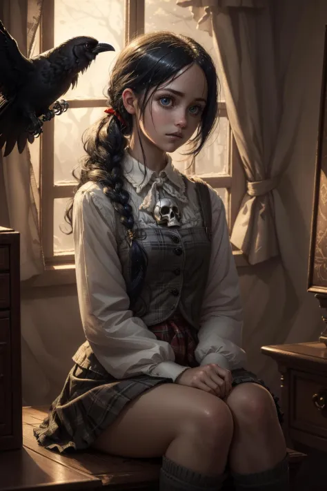 (best quality, 8k digital cartoon, masterpiece, perfect face), A pre-adolescent gothic girl living in a spooky house waits for you to tell you tales of mystery and horror. She lives in the spooky house with her pet raven and together they go on adventures. The girl wears a plaid skirt, white knee high socks, a red vest and a white shirt, her black hair is in a pony tail held in a ribbon with a skull-shaped bead, macabre atmosphere, palette [voilet|red|black|grey|white] (soft light, dramatic light, sharp, HDR) 