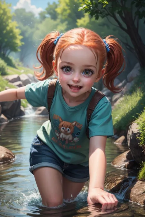 Modern Masterpiece, 8k digital painting, (action shot), magical realism, A young child playing by a creek, she has red hair in pigtails, is missing one tooth, and is very cute, sidelighting, excellent detailing, detailed faces, unconventional perspective, (attention to design), attention to mood, (attention to composition), (visual narrative),(high artistic skill), (high artistic ability), (expert craftsmanship)