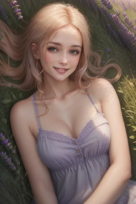a field of lavender, early summer, a young woman with strawberry blonde hair, pale blue sundress, on her back on the ground surrounded by lavender, flirting, smiling softly, glancing at viewer, digital painting, Magic realism, hyper realism, official art, ...