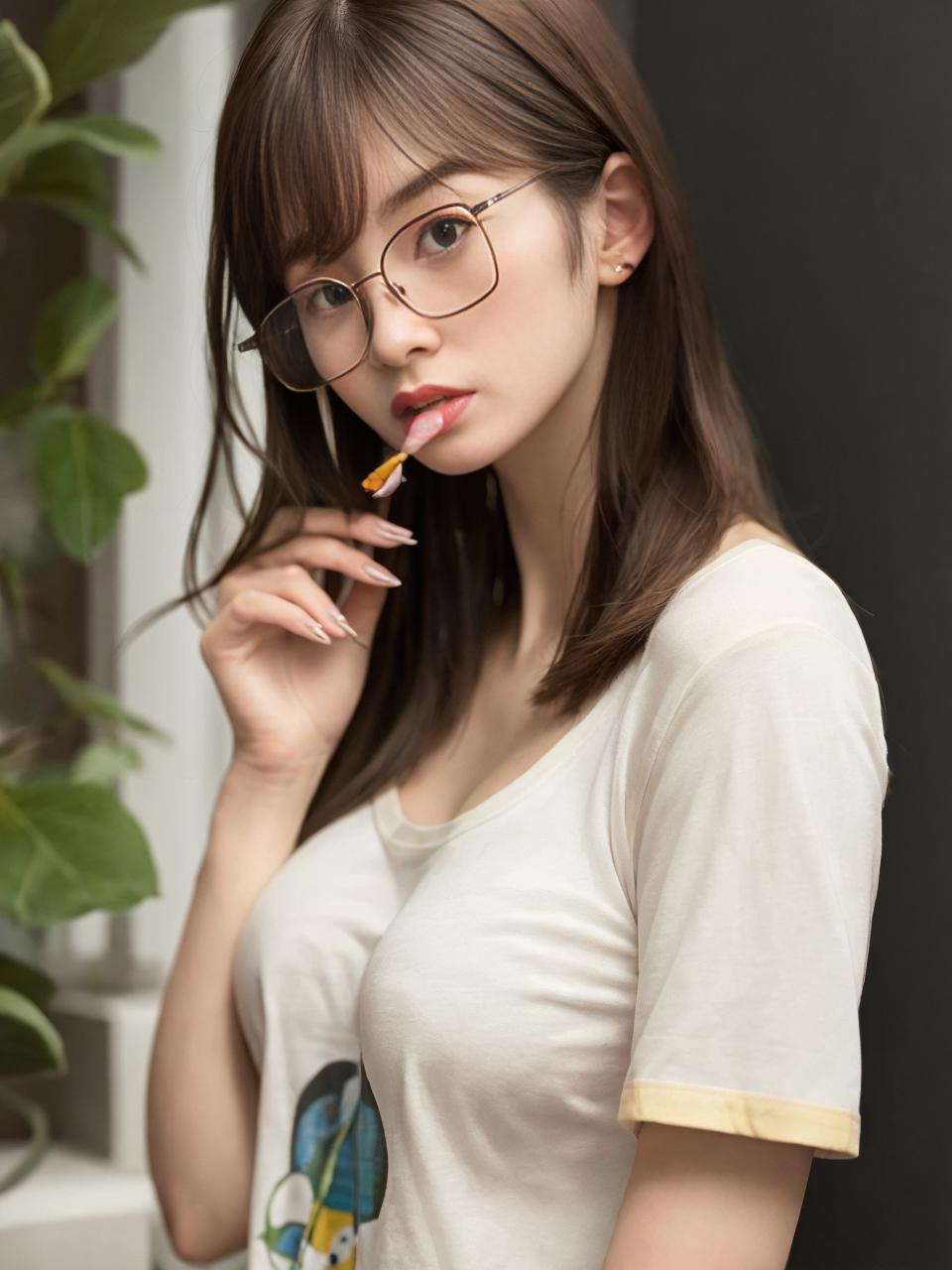 A woman with glasses and a white shirt is brushing her teeth - SeaArt AI