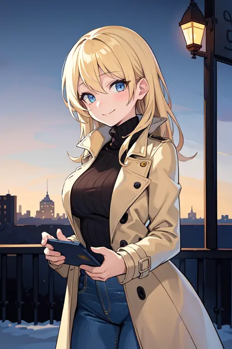 masterpiece, best quality, illustration, scenery, winter, city, 1girl, cowboy shot, medium breasts, medium yellow hair, blue eyes, trench coat, turtleneck sweater, high-waist jeans, smile