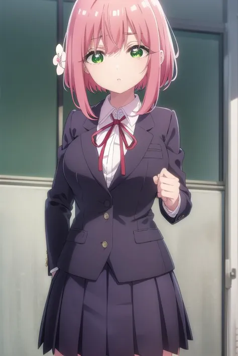 anime girl in a school uniform with a pink hair and green eyes