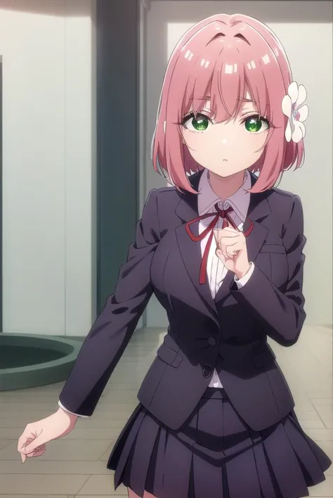 anime girl in a school uniform with a flower in her hair