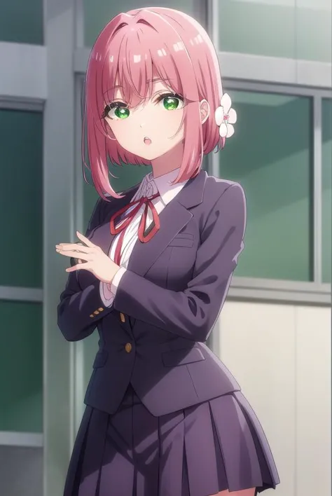 anime girl in a school uniform with a pink hair and green eyes