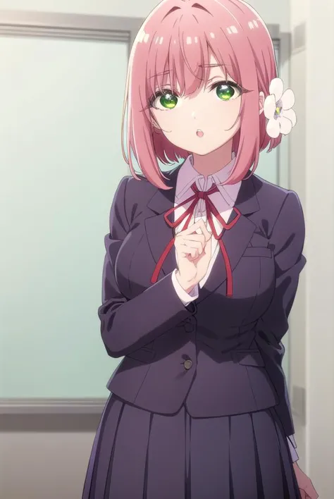 hakarihanazono, <lyco:hakarihanazono-lyco-nochekaiser:0.8>,
hakari hanazono, short hair, hair ornament, (green eyes:1.5), pink hair, flower, hair flower, hair between eyes, sidelocks, <lora:talkmouth_U_v100:1>, open mouth,
BREAK skirt, shirt, ribbon, school uniform, blazer, white shirt, pleated skirt, collared shirt, black skirt, red ribbon, neck ribbon, 
BREAK looking at viewer,
BREAK indoors, classroom, (cowboy shot:1.5),
BREAK <lyco:GoodHands-beta2:1>, (masterpiece:1.2), best quality, high resolution, unity 8k wallpaper, (illustration:0.8), (beautiful detailed eyes:1.6), extremely detailed face, perfect lighting, extremely detailed CG, (perfect hands, perfect anatomy),