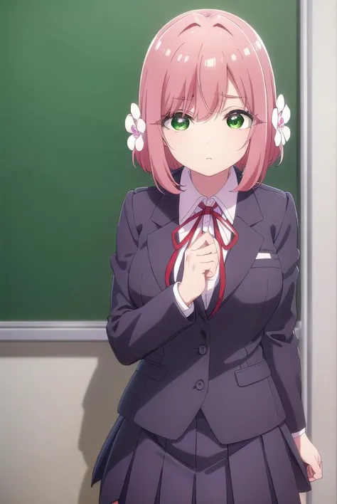 anime girl in a school uniform standing in front of a chalkboard