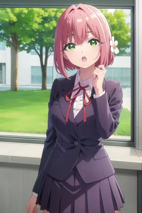 anime girl in a school uniform standing in front of a window