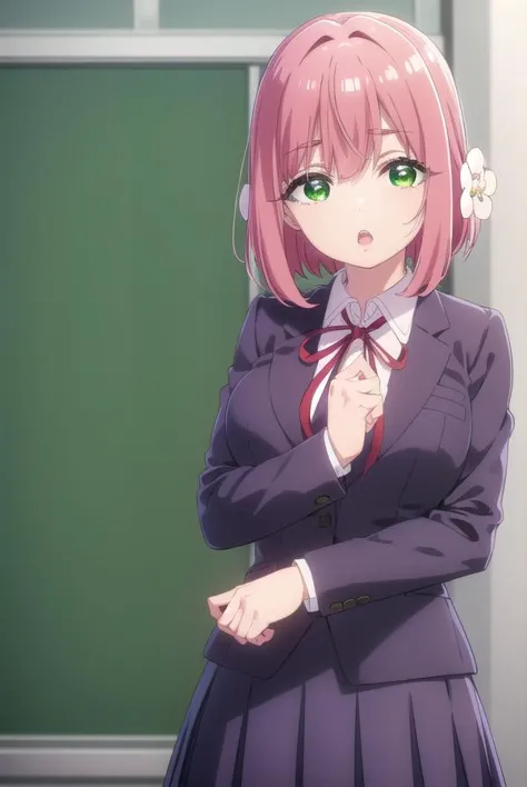 anime girl in a school uniform standing in front of a green wall