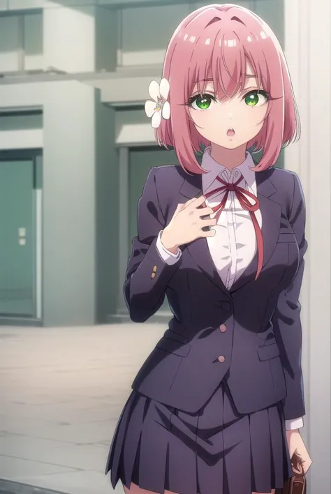 anime girl in a school uniform standing in front of a building