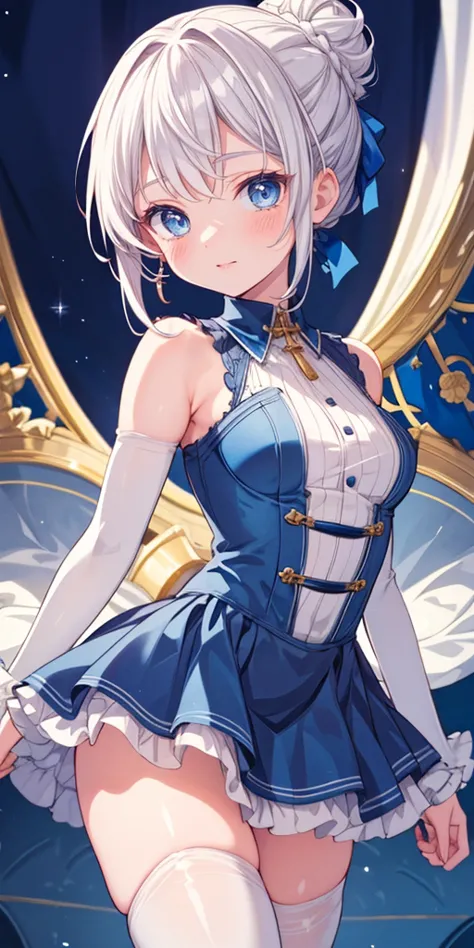 (masterpiece,ultra-detailed,best quality,8K,illustration,shaved:1.2),(petite girl:1.0) <lora:add_detail:1.0>, <lora:Alice Elliot:0.6> grey hair, hair up, braid, ribbon, light blue eyes, blue outfit, thighhighs