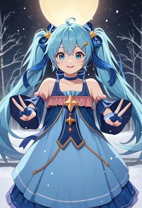 a girl with long blue hair and a blue dress in the snow