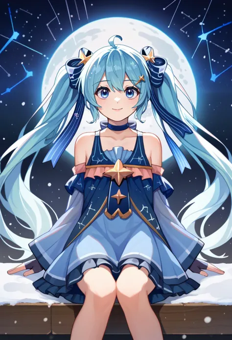 a girl with long blue hair sitting on a bench in front of a full moon