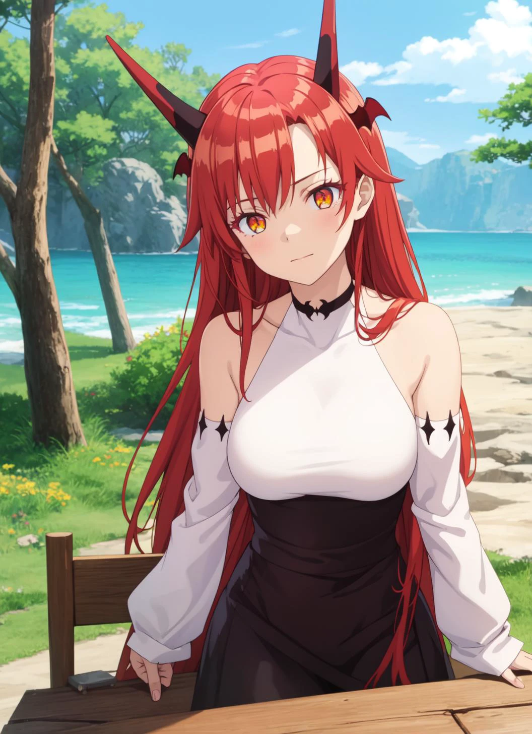 masterpiece, best quality, 1girl, solo, tania, dragon girl, dragon horns, red hair, orange eyes, large breasts, long hair