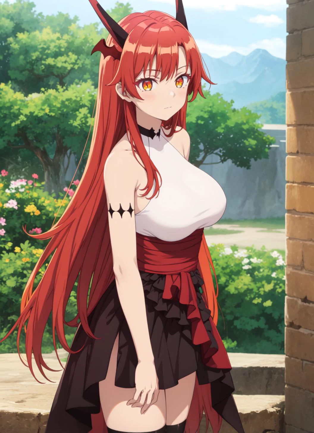 masterpiece, best quality, 1girl, solo, tania, dragon girl, dragon horns, red hair, orange eyes, large breasts, long hair