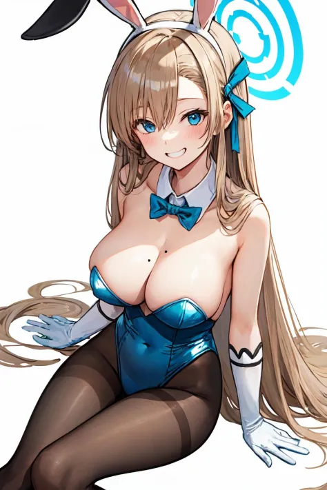 <lora:asuna_ba:1> 
asuna ba, bow, strapless, blue bowtie, black pantyhose, looking at viewer, large breasts, playboy bunny, gloves, long hair, sitting, animal ears, mole, covered navel, fake animal ears, mole on breast, white gloves, leotard, smile, highle...