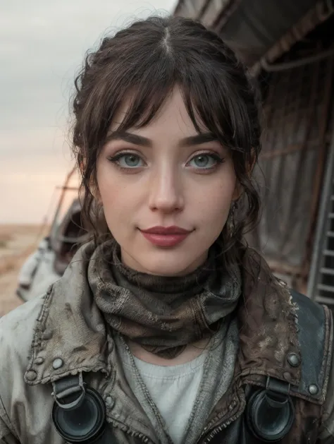 RAW Photo, professional color graded, BREAK portrait photograph of girl Natal13Mars, makeup, eyeliner, (wearing armor), ((mad max post apocalyptic background)), dusty, sharp focus, HDR, 8K resolution, intricate detail, sophisticated detail, depth of field, analogue RAW DSLR, photorealistic, looking at viewer, 