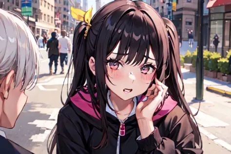 anime characters talking on cell phones on a city street