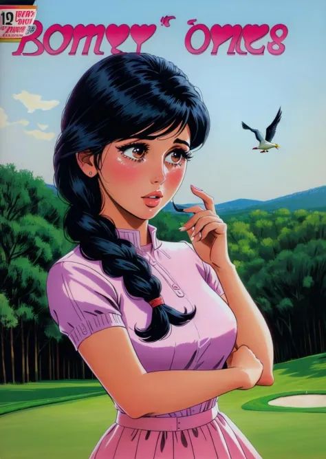 romance_comics_cover, crying Talia Shire with auburn fishtail braid, The Golf Course: Picture a meticulously manicured golf cour...