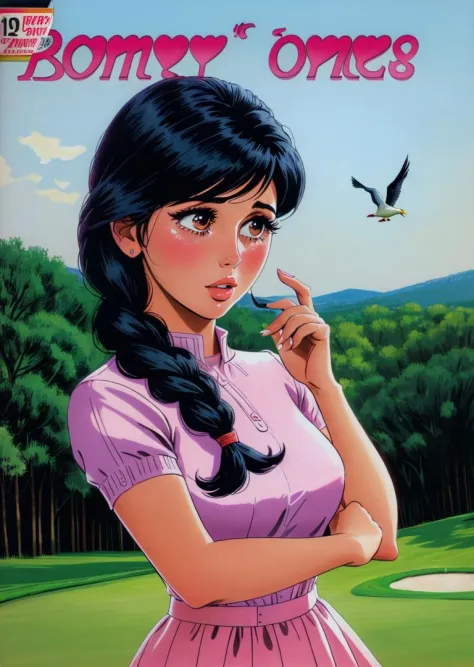 romance_comics_cover, crying Talia Shire with auburn fishtail braid, The Golf Course: Picture a meticulously manicured golf course with lush fairways and rolling hills Golfers in pastel-colored attire carefully line up their shots while the chirping of birds fills the air, dramatic lighting, dramatic perspective, <lora:romance_comics_cover:1>