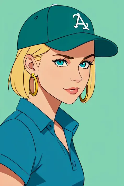 masterpiece, best quality, 1girl, aqua eyes, baseball cap, blonde hair, closed mouth, earrings, green background, hat, hoop earr...