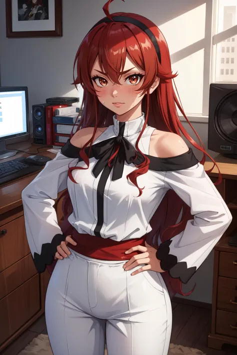 anime girl with red hair and white shirt posing in front of a computer