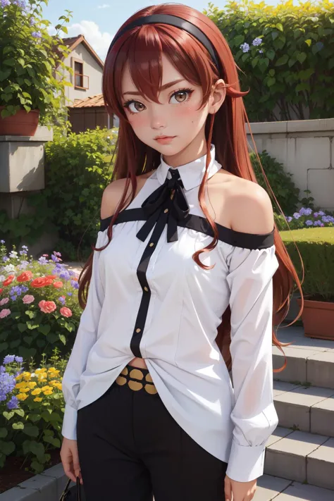 anime girl with long red hair wearing a white shirt and black pants