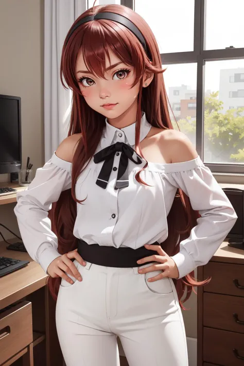 anime girl in white shirt and black bow tie posing in front of a computer