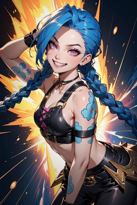 a woman with blue hair and a black top is posing