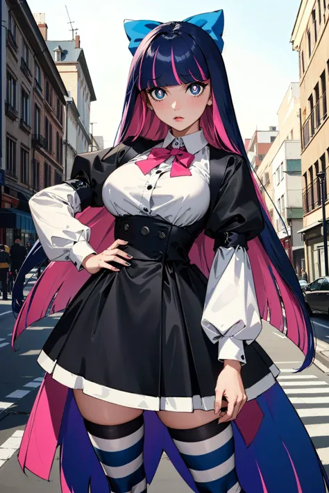 Masterpiece, best quality, (psg stocking:1.4), blue eyes, blue hair, colored inner hair, hair bow, long hair, multicolored hair, pink hair, two-tone hair, bangs, blunt bangs, (bright pupils:1.5), striped, striped thighhighs, thighhighs, dress, black dress, puffy sleeves, long sleeves, skirt, shirt, collared shirt, white shirt, annoyed, <lora:psg stocking-lyco-nochekaiser:0.6>, outdoors, hand on hip,