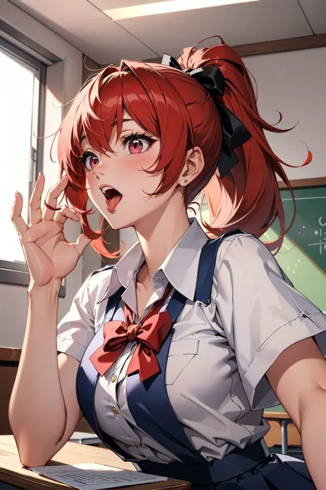 anime girl with red hair and a bow tie sitting at a desk