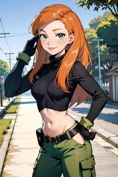 (kim possible, long hair, green eyes, black turtleneck, navel, gloves, utility belt, cargo pants:1.3), smirk, outdoors, adjusting hair, Masterpiece, best quality, detailed background, intricate details, detailed <lora:attire_virgindestroyer-justTNP:1.0> <lora:Ann_Possible-DEF_DogeOfVenice:0.3>