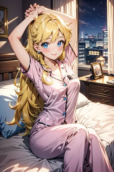 anime girl in pajamas sitting on bed with city view in background