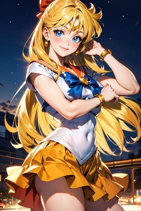 1girl, EPsmSailorVenus, long blonde hair, blue eyes, blush, sailor senshi uniform, hair bow, orange skirt, orange sailor collar, flexing, public street, night, smile, Masterpiece, best quality, detailed background, intricate details, detailed <lora:detail_slider_v4:1.25> <lora:SailorVenus_ElizaPottinger:0.7>